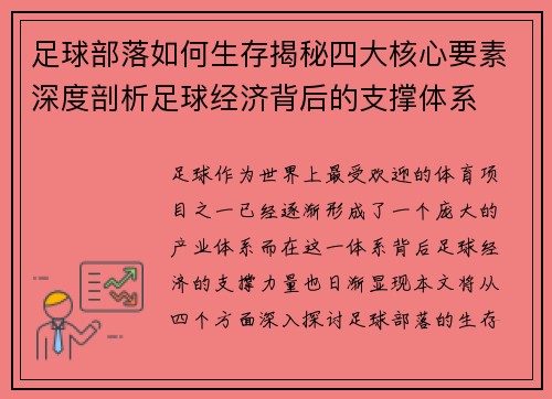 足球部落如何生存揭秘四大核心要素深度剖析足球经济背后的支撑体系
